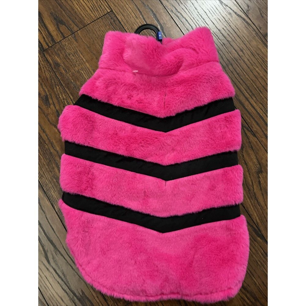 Berkshire Pet Pink‎ Black V Striped Faux Fur Dog Coat Satin Lined Medium
